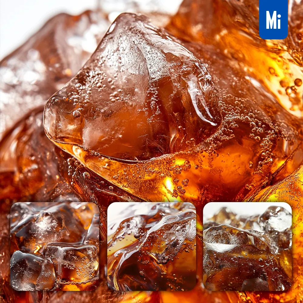 Midjourney Prompt Cold Black Tea Ice Cube Block Photography
