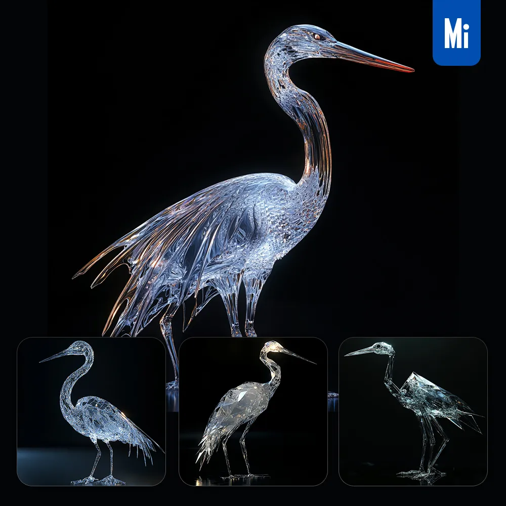midjourney prompt crane glass crystal 3D sparkle glitter