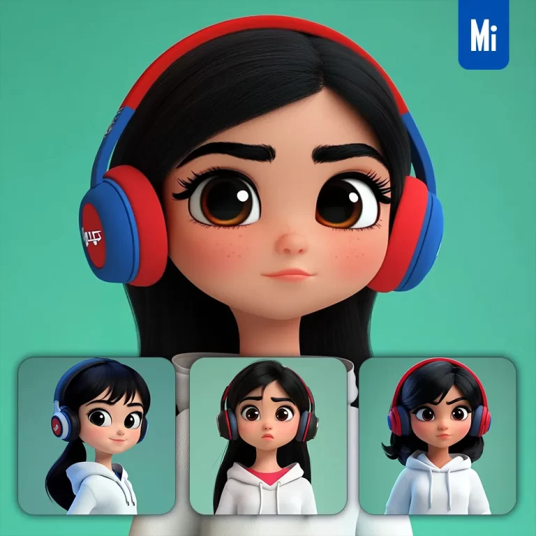 midjourney prompt cute cartoon girl headset character 3D hoodie