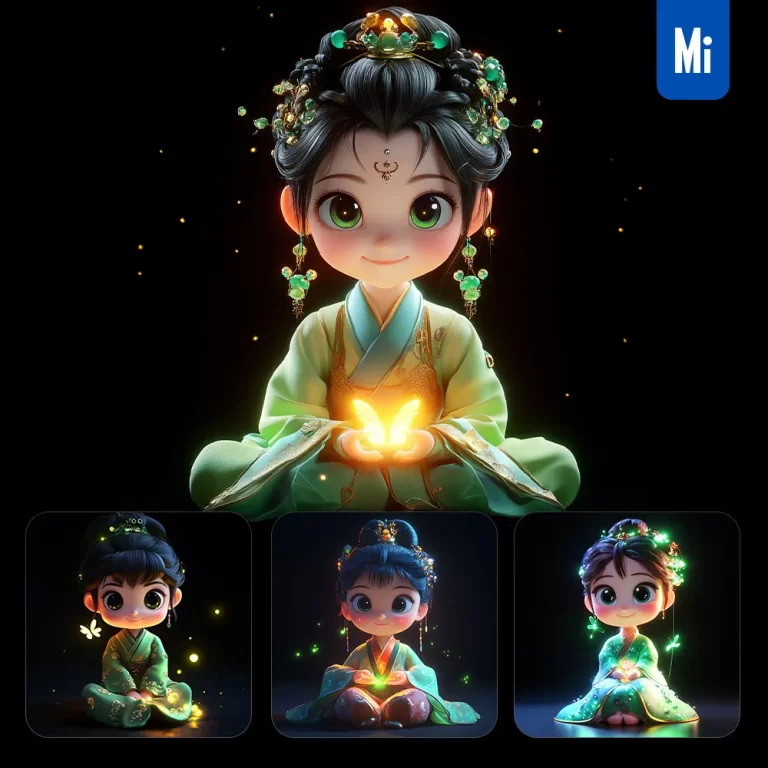 midjourney prompt cute girl Chinese sit character cartoon 3D animation