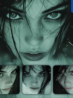 Midjourney Prompt Cyan Woman Face Water Drop Rain Black And White Photography