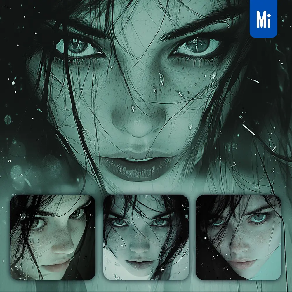 Midjourney Prompt Cyan Woman Face Water Drop Rain Black And White Photography
