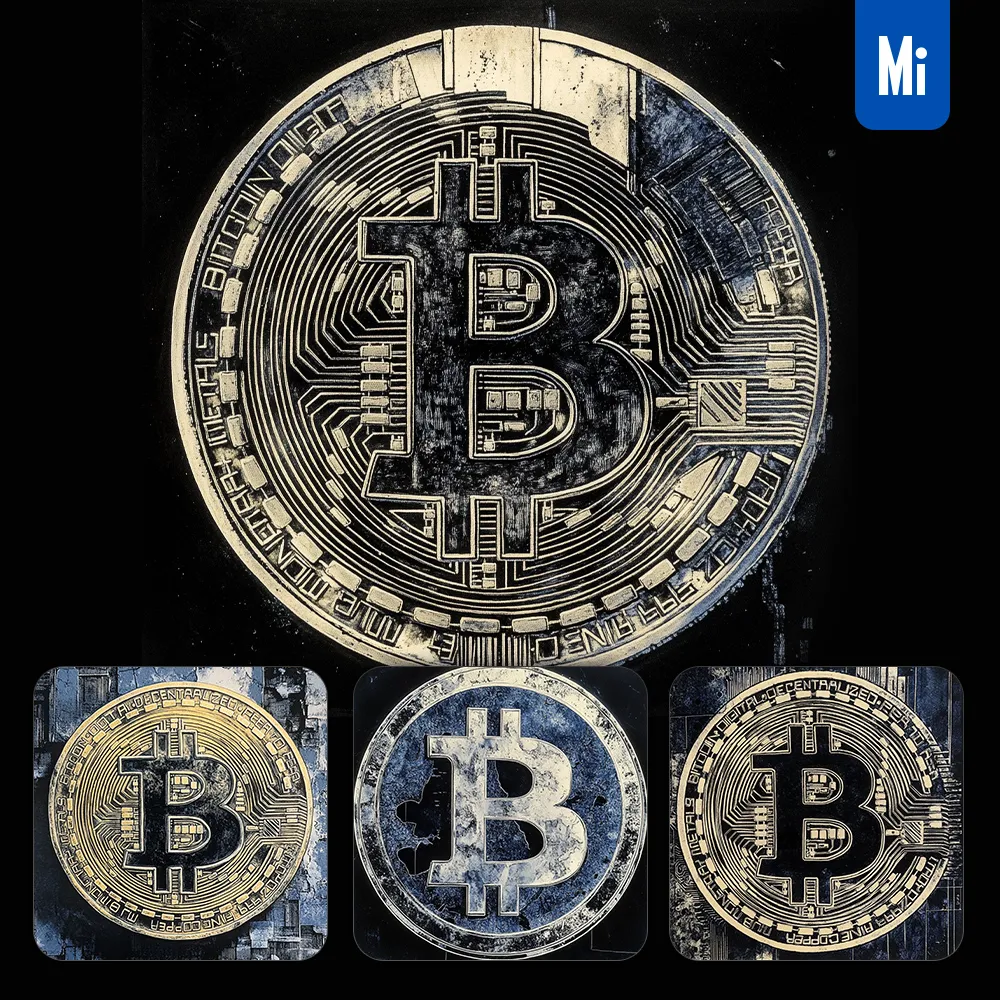 midjourney prompt dark BTC Bitcoin gold coin front golden 3D photography