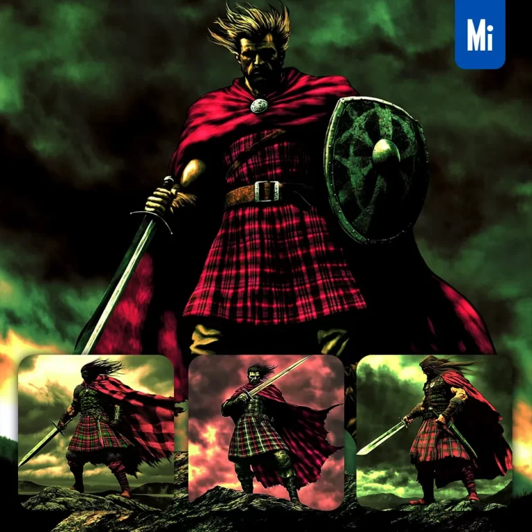 midjourney prompt dark man warrior sword hillside cloak Scottish painting