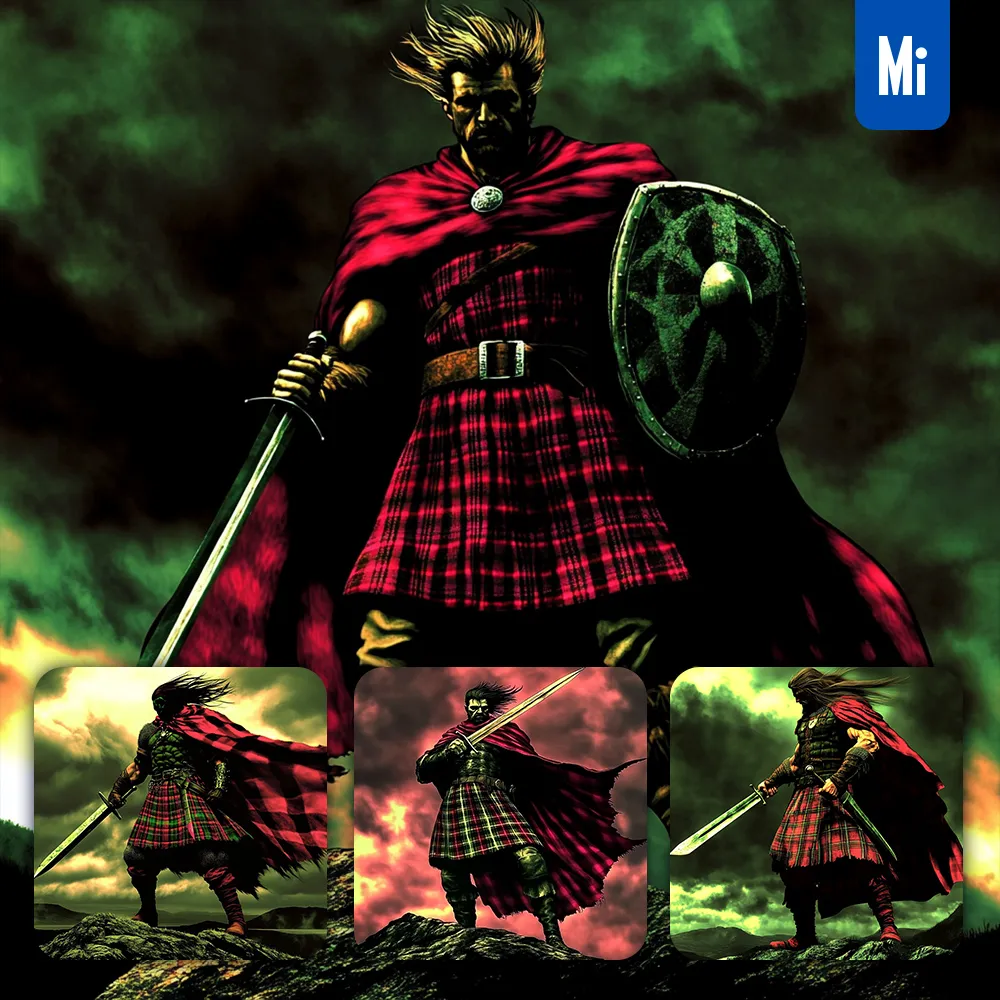 Midjourney Prompt Dark Man Warrior Sword Hillside Cloak Scottish Painting