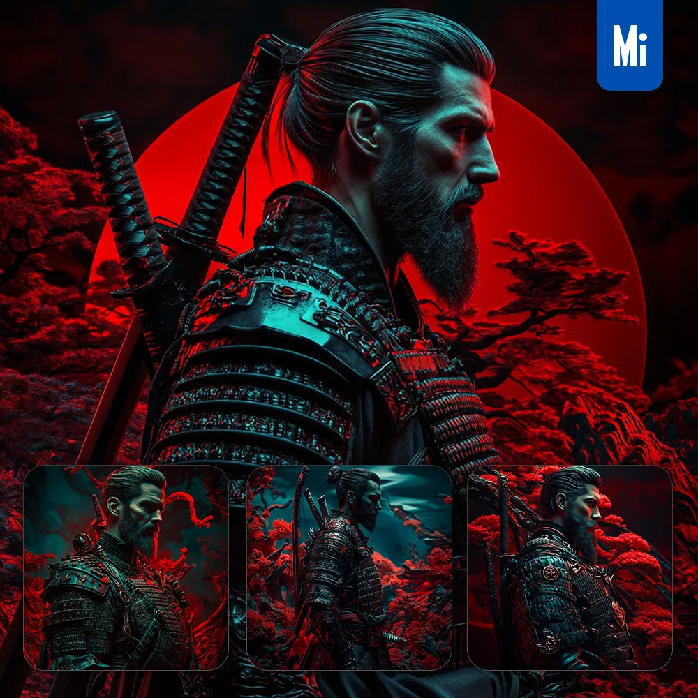 midjourney prompt dark red samurai traditional Japanese handsome beard armor 3D photography