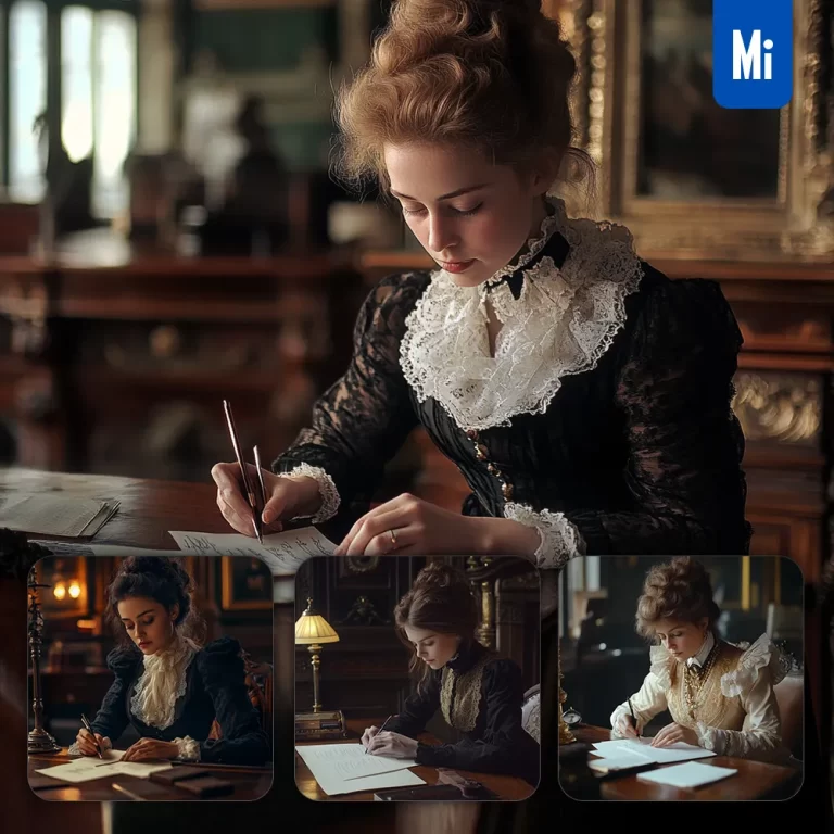 midjourney prompt dress write lady woman writing photography