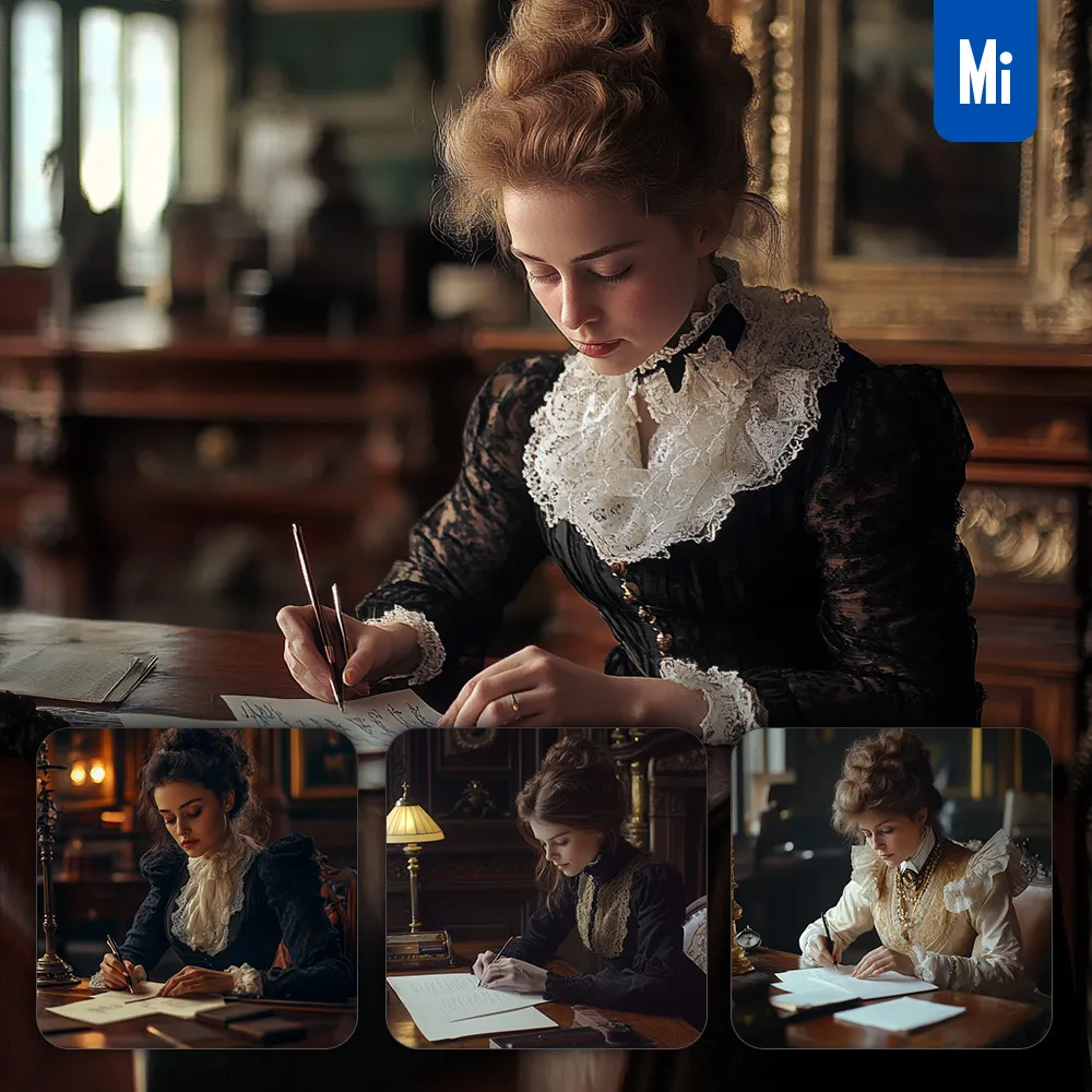 midjourney prompt dress write lady woman writing photography