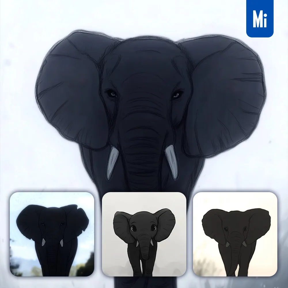 Midjourney Prompt Elephant Silhouette Front Cartoon Drawing Animation