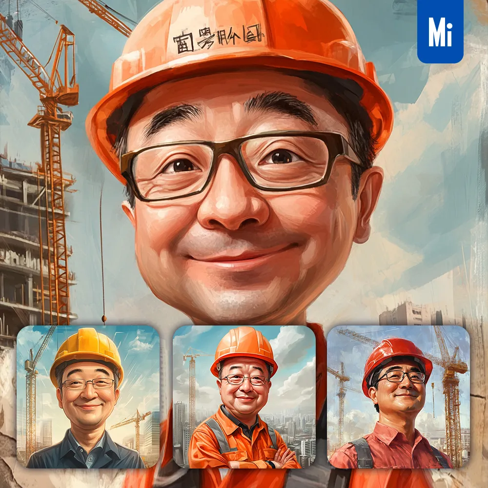 midjourney prompt engineer hard hat construction Chinese man building worker portrait cartoon painting