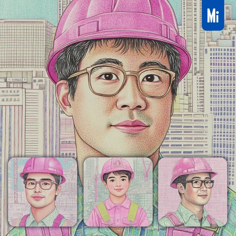 midjourney prompt engineer hard hat construction Chinese man building worker portrait pink cartoon drawing