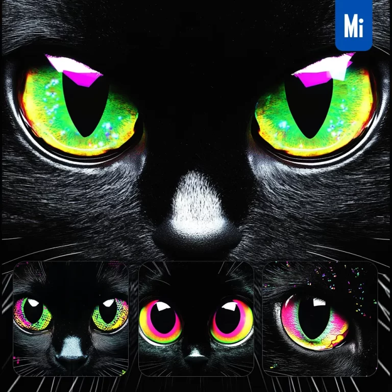 midjourney prompt eyes black cat close up front colorful photography