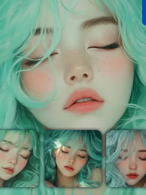 Midjourney Prompt Face Girl Woman Head Cyan Hair Sleep Illustration