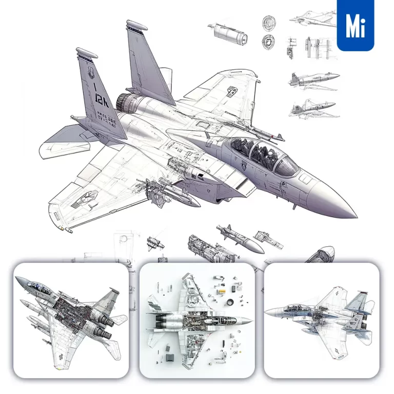 midjourney prompt fighter jet F-15 Eagle breakdown drawing specification illustration