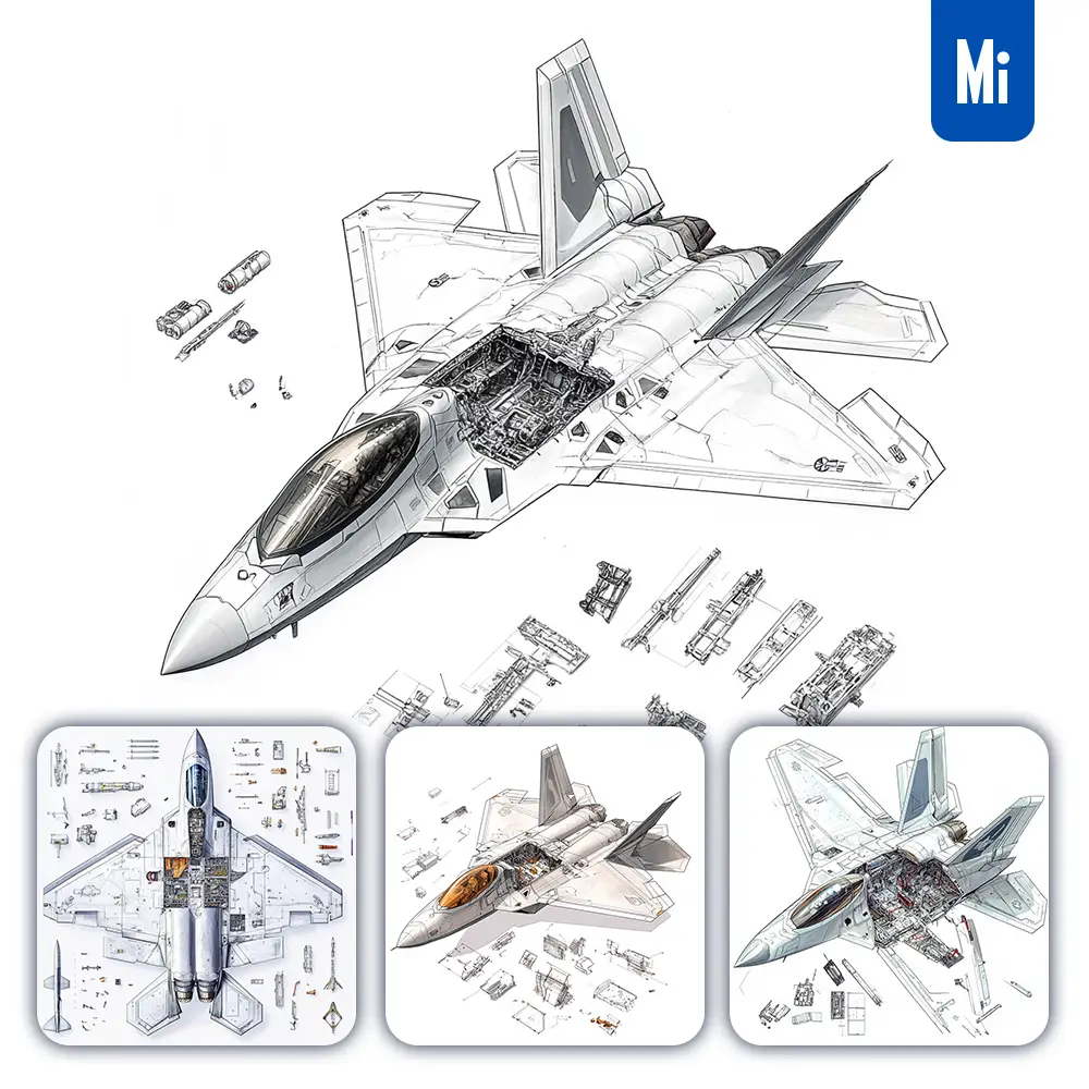 Midjourney Prompt Fighter Jet F 22 Raptor Breakdown Drawing Specification Illustration