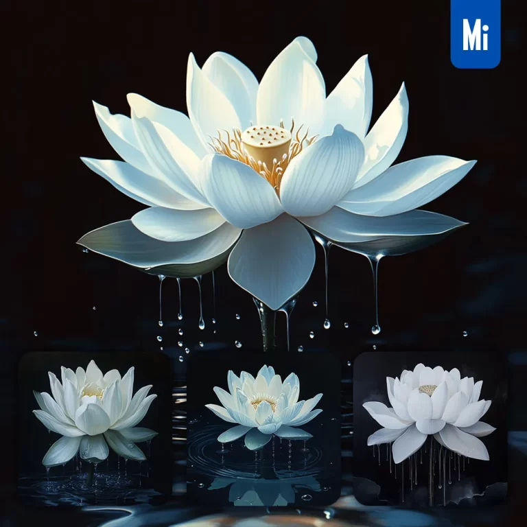 midjourney prompt flower white lotus dripping water drop rain liquid painting