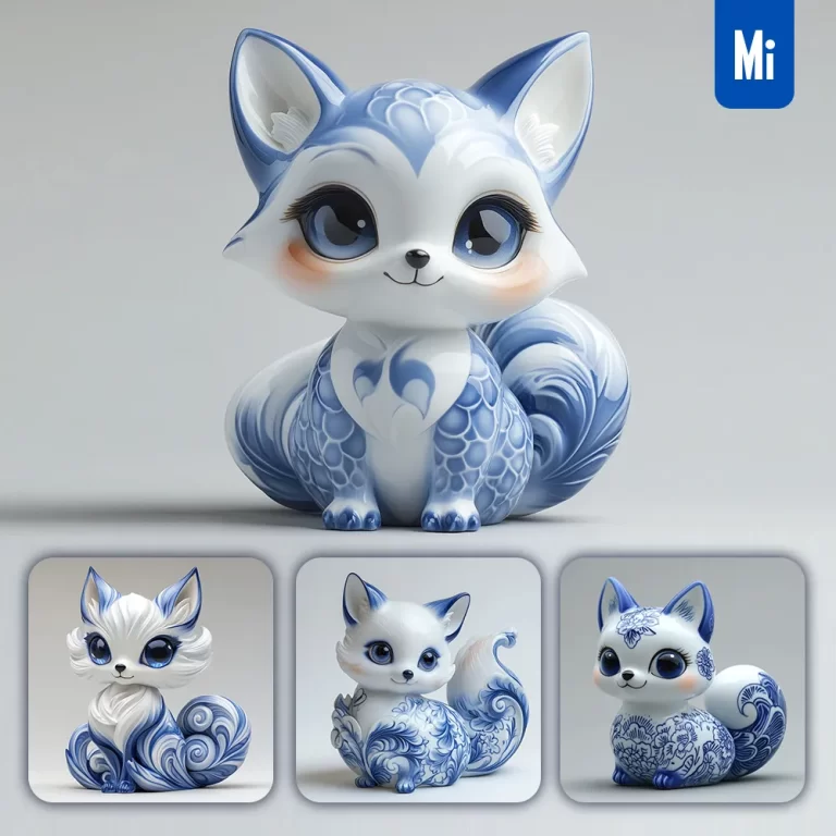 midjourney prompt fox cute Chinese porcelain pattern art animal 3D artwork
