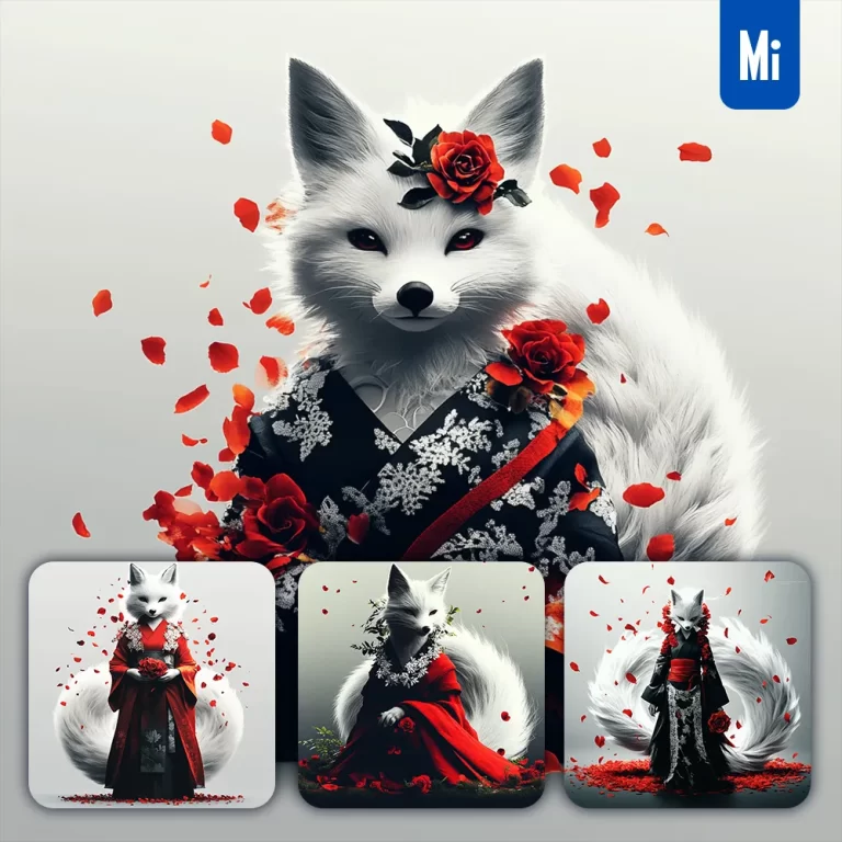 midjourney prompt fox white fairy Japanese dress dark illustration