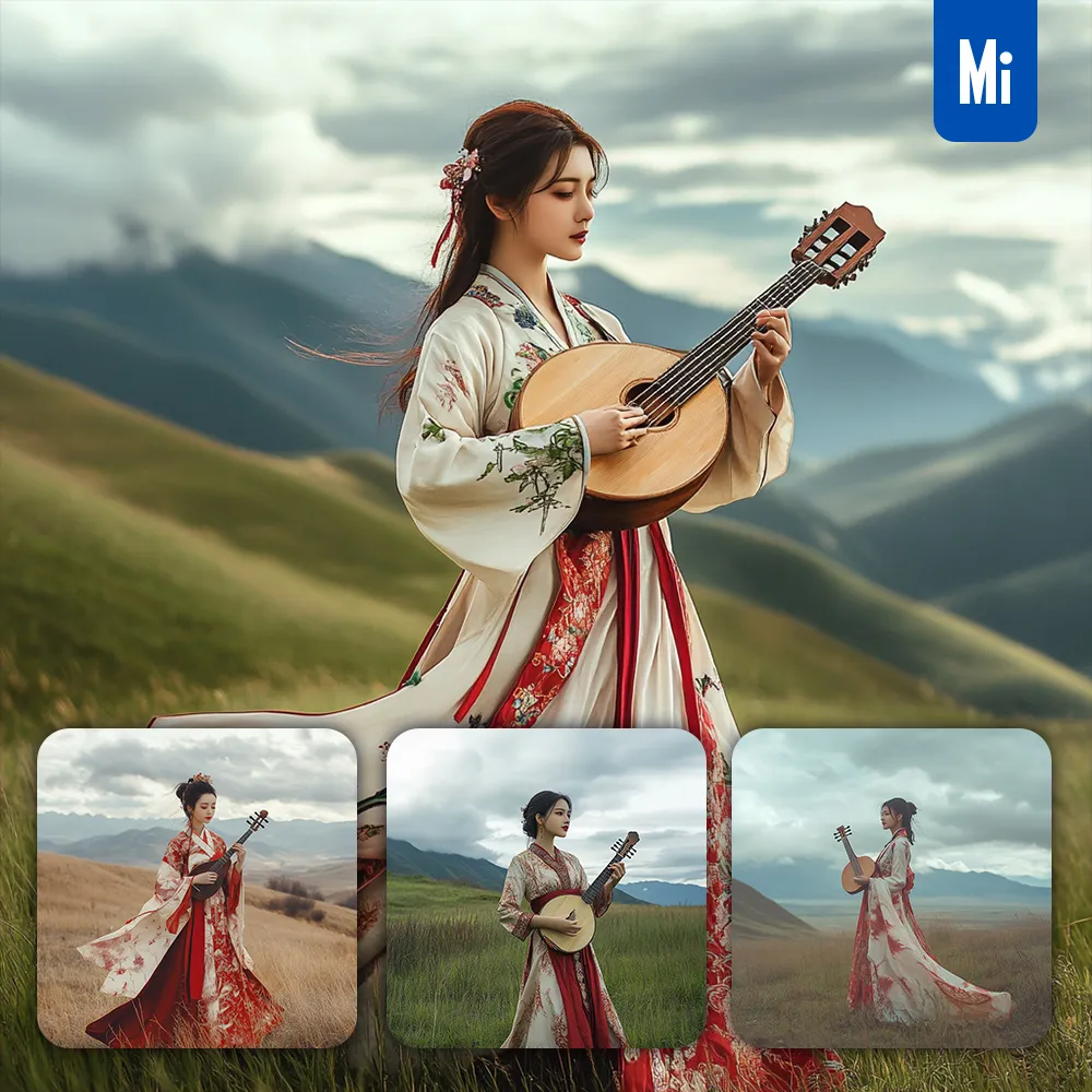 midjourney prompt girl beautiful woman grassland singing sing cloud photography