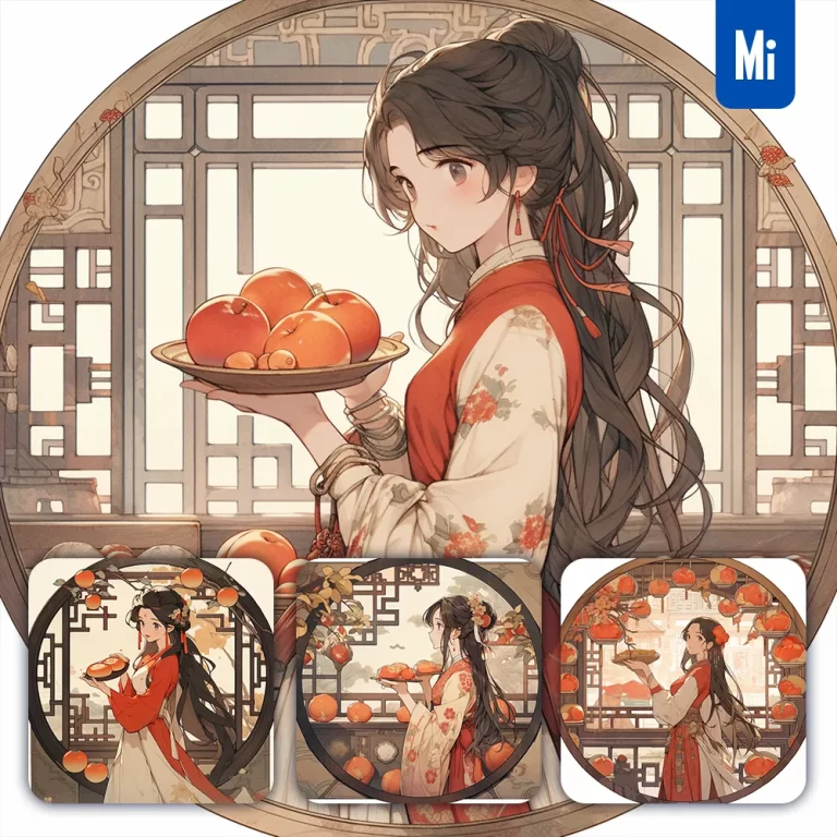 midjourney prompt girl plate beautiful Chinese wooden window illustration