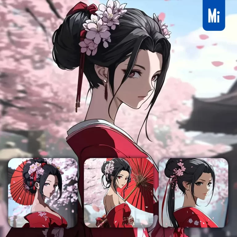 midjourney prompt girl woman Japanese geisha red beautiful comic cartoon