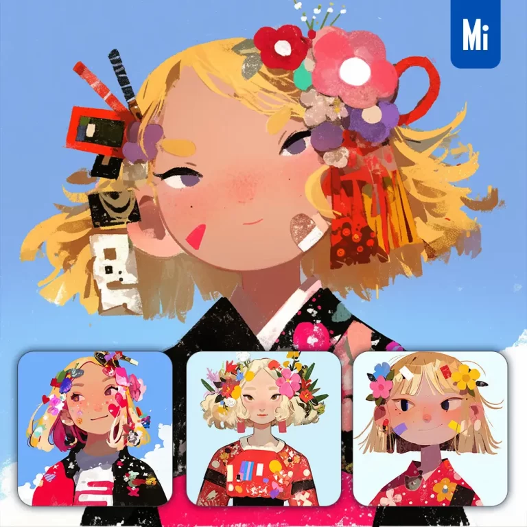 midjourney prompt girl yellow hair female portrait cute cartoon Japanese painting