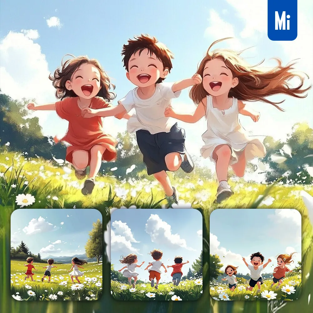midjourney prompt grass sunny meadow kids play run children sky tree painting cartoon animation