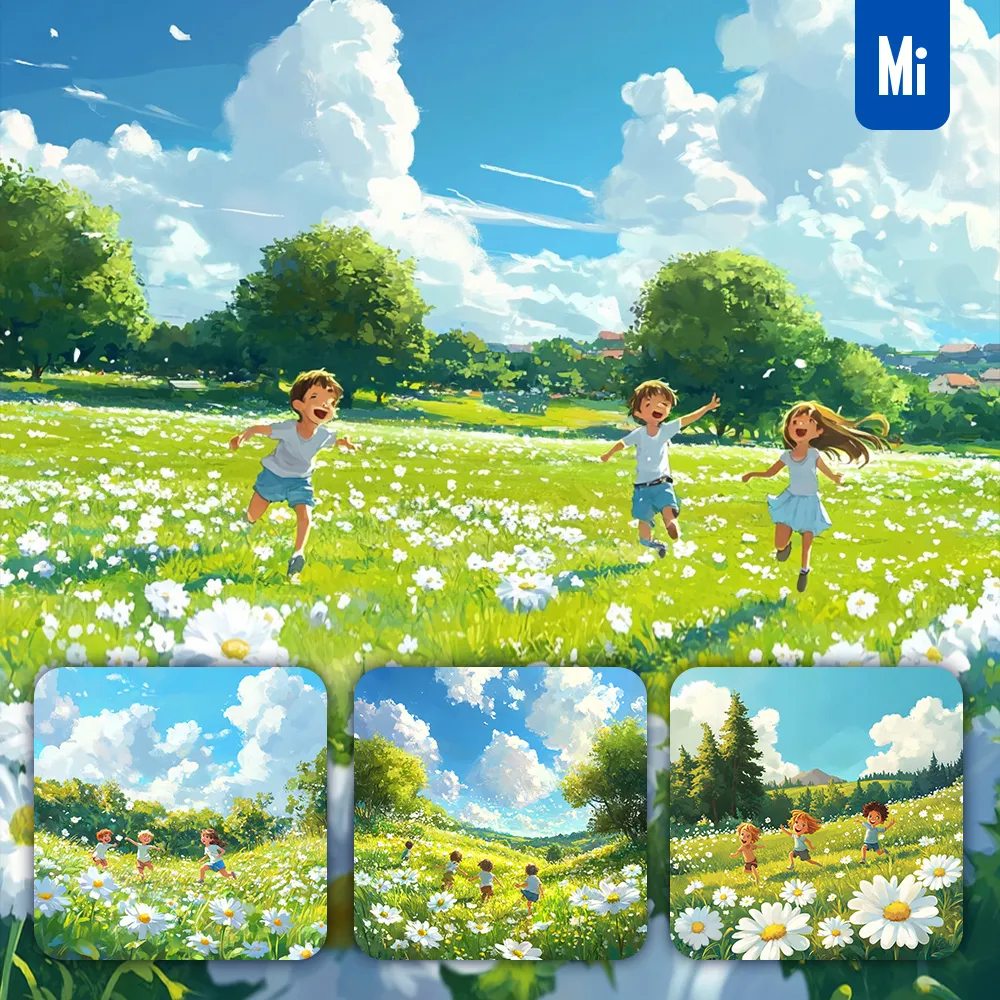 midjourney prompt grass sunny meadow kids play run children tree sky painting cartoon animation