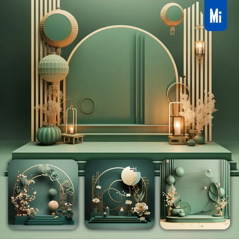 midjourney prompt green emerald stage Chinese New Year paper flower geometric 3D