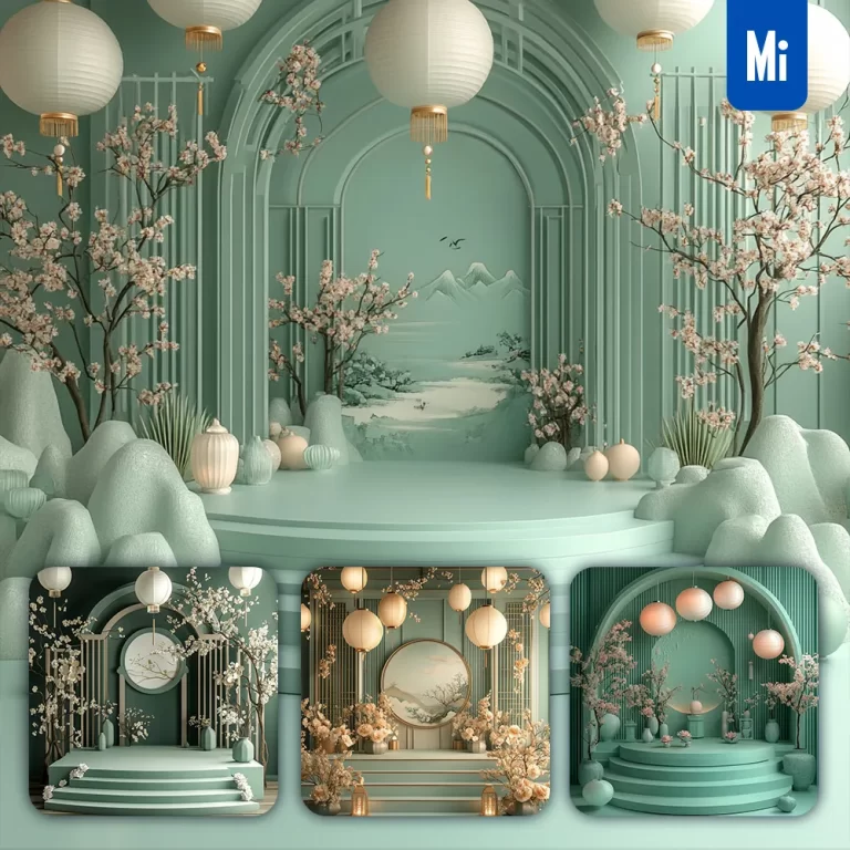 midjourney prompt green emerald stage Chinese New Year paper flower geometric 3D background