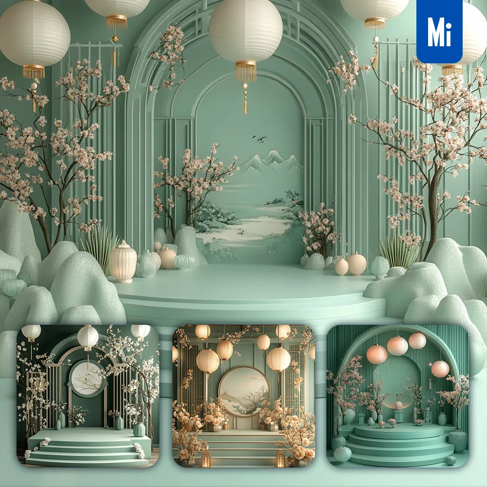 midjourney prompt green emerald stage Chinese New Year paper flower geometric 3D background