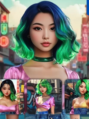 Midjourney Prompt Green Hair Girl Beautiful Chinese Woman Face Street Colorful 3d Portrait