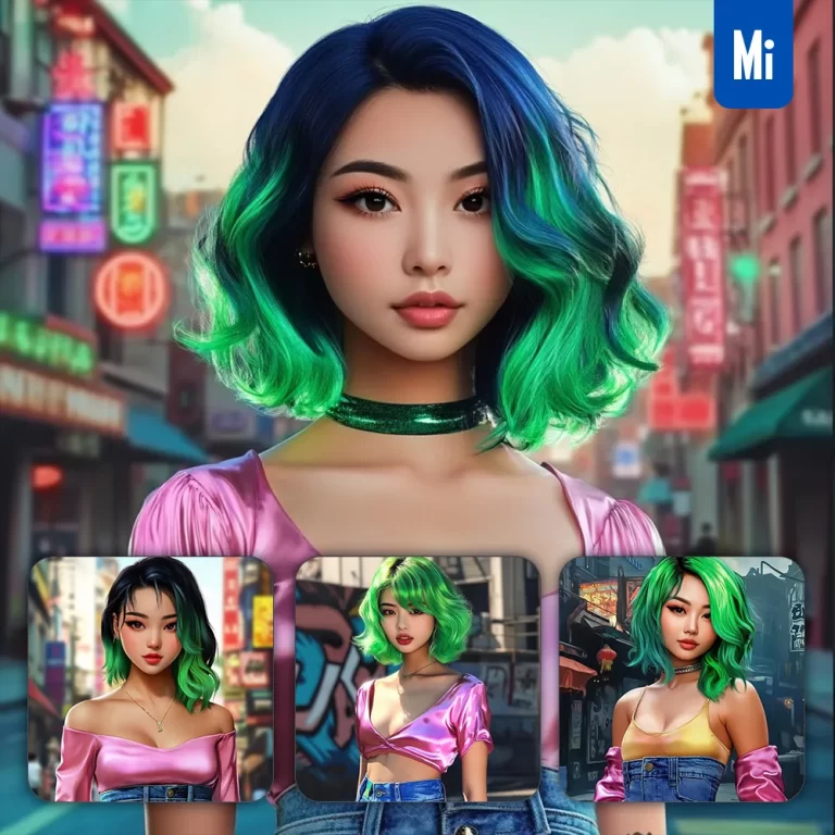 midjourney prompt green hair girl beautiful Chinese woman face street colorful 3D portrait