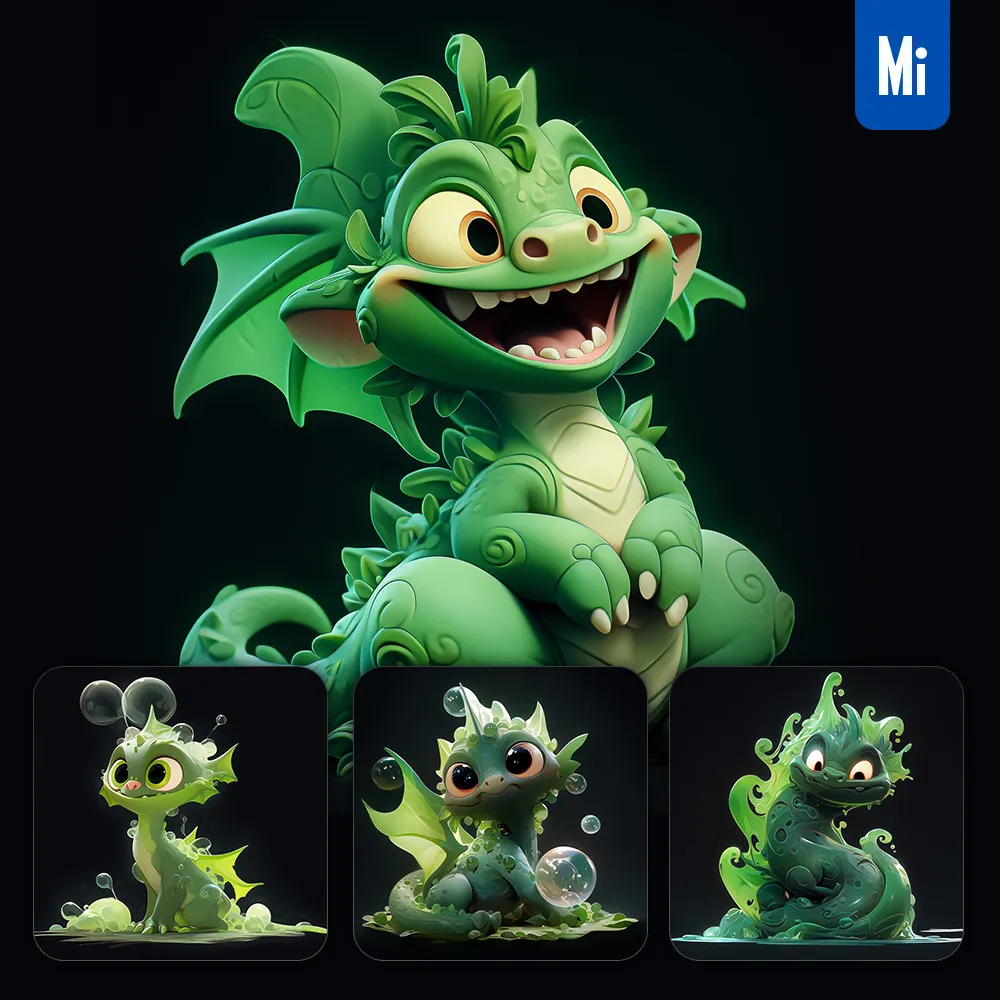 midjourney prompt green monster dragon IP 3D character cartoon animation
