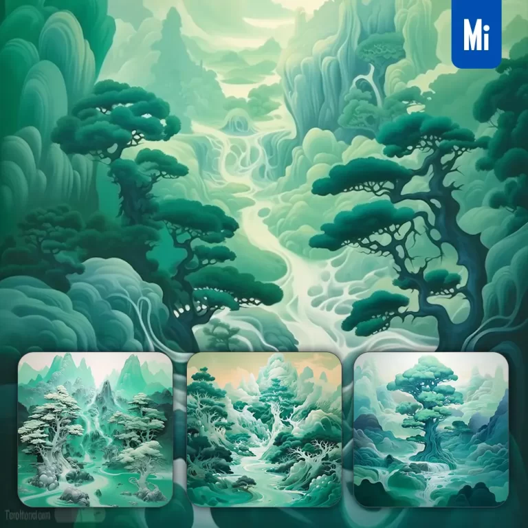 midjourney prompt green mountain tree river Chinese painting illustration