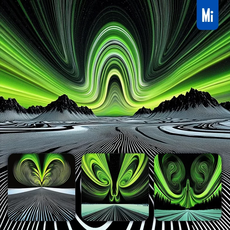 midjourney prompt green northern light line illustration aurora night sky