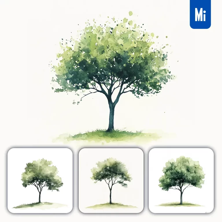 midjourney prompt green single tree watercolor painting illustration