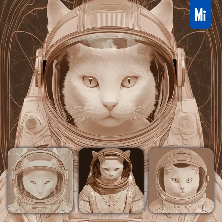 midjourney prompt grey pink cat spaceman astronaut helmet toy painting