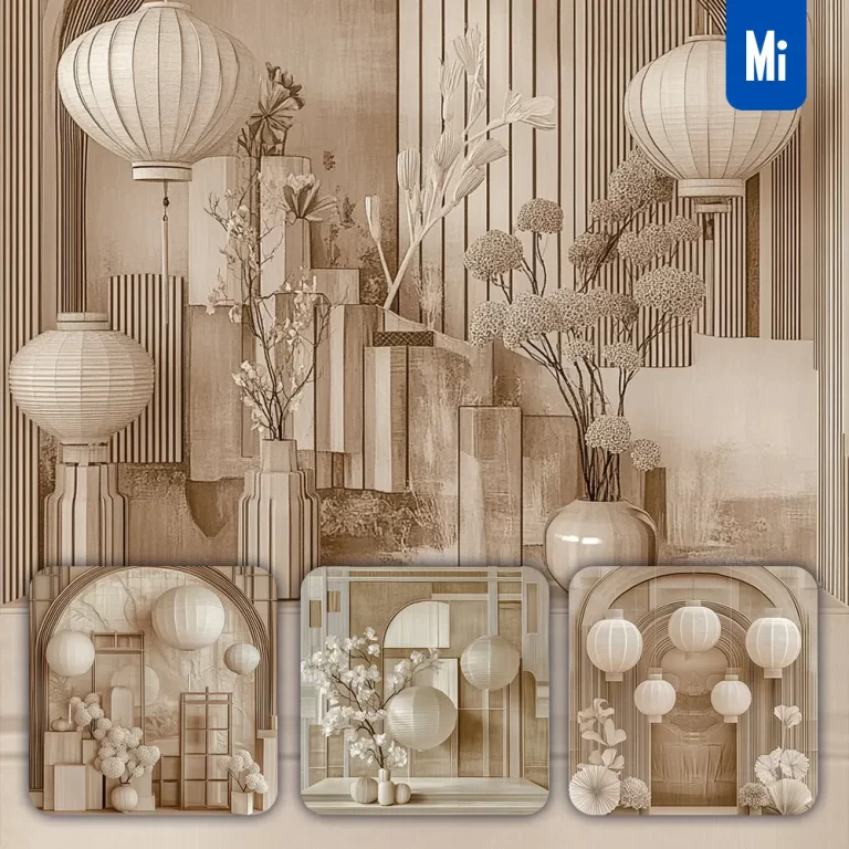 midjourney prompt grey pink painting stage Chinese New Year paper flower geometric