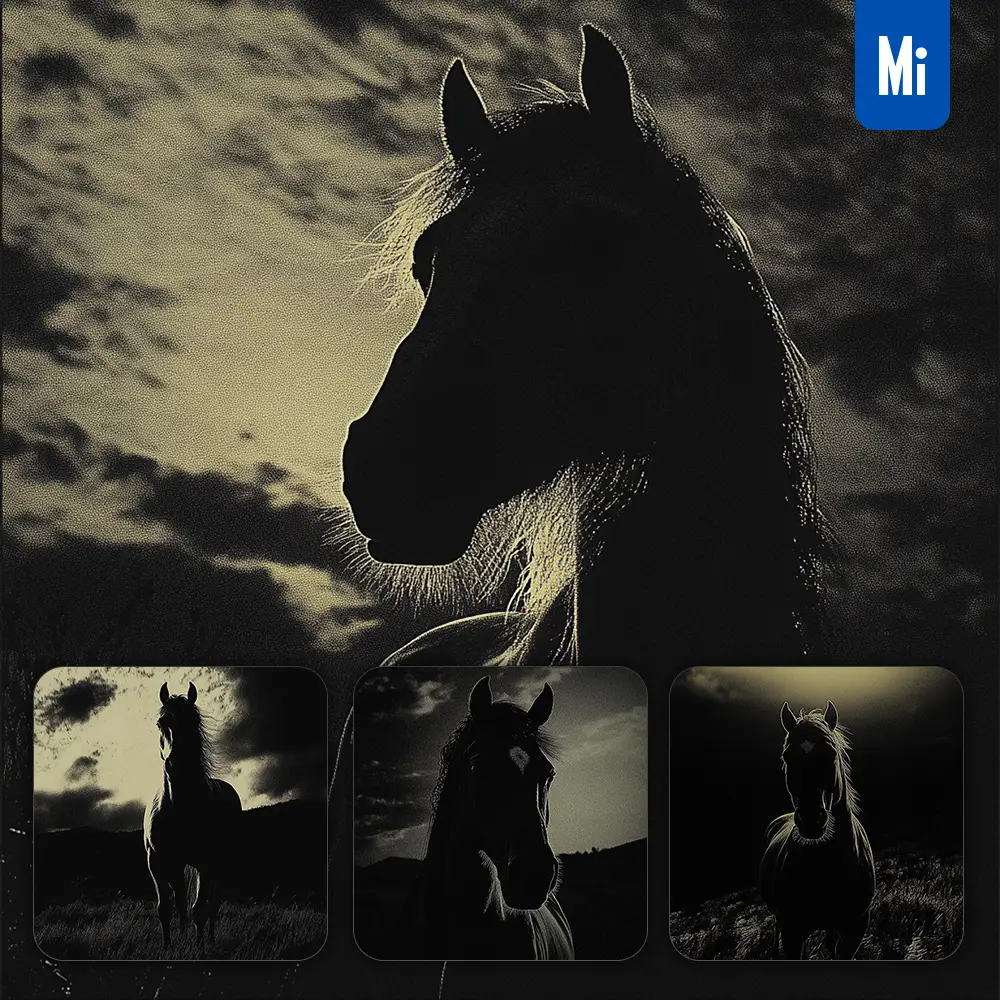 Midjourney Prompt Horse Black Dark Illustration Silhouette Woodcut