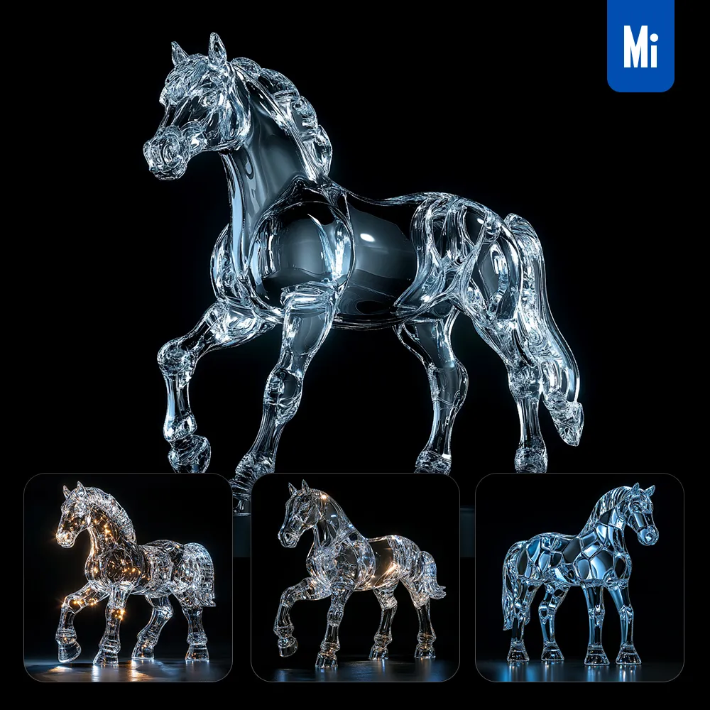 midjourney prompt horse glass crystal 3D sparkle glitter