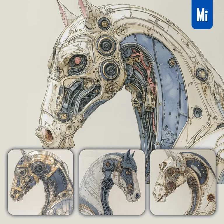 midjourney prompt horse head drawing robot mechanical vintage illustration