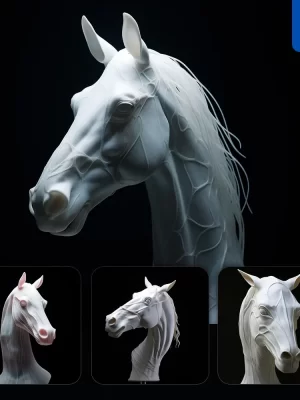 Midjourney Prompt Horse Head Face Porcelain White Skin Sculpture 3d