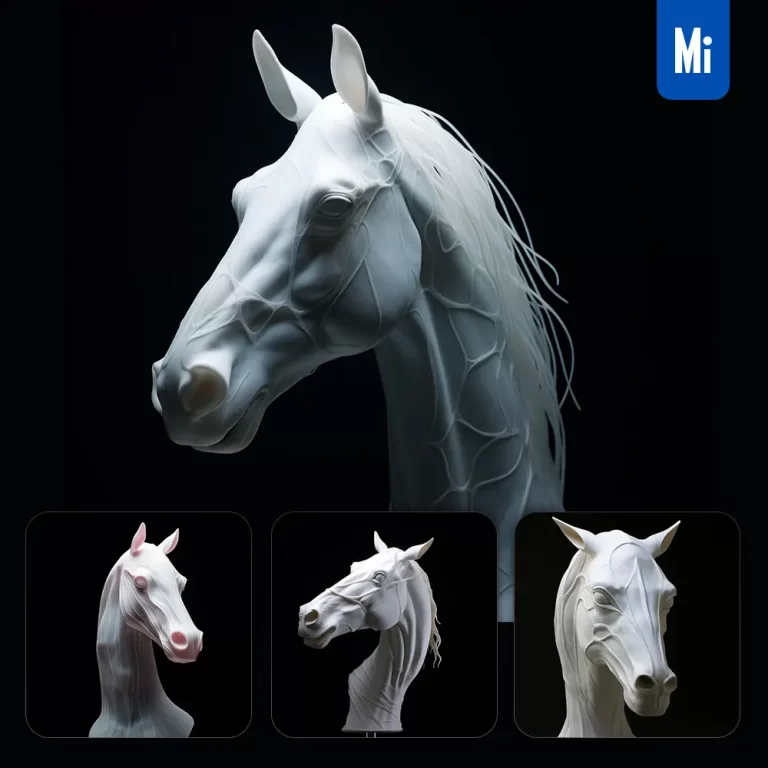 midjourney prompt horse head face porcelain white skin sculpture 3D