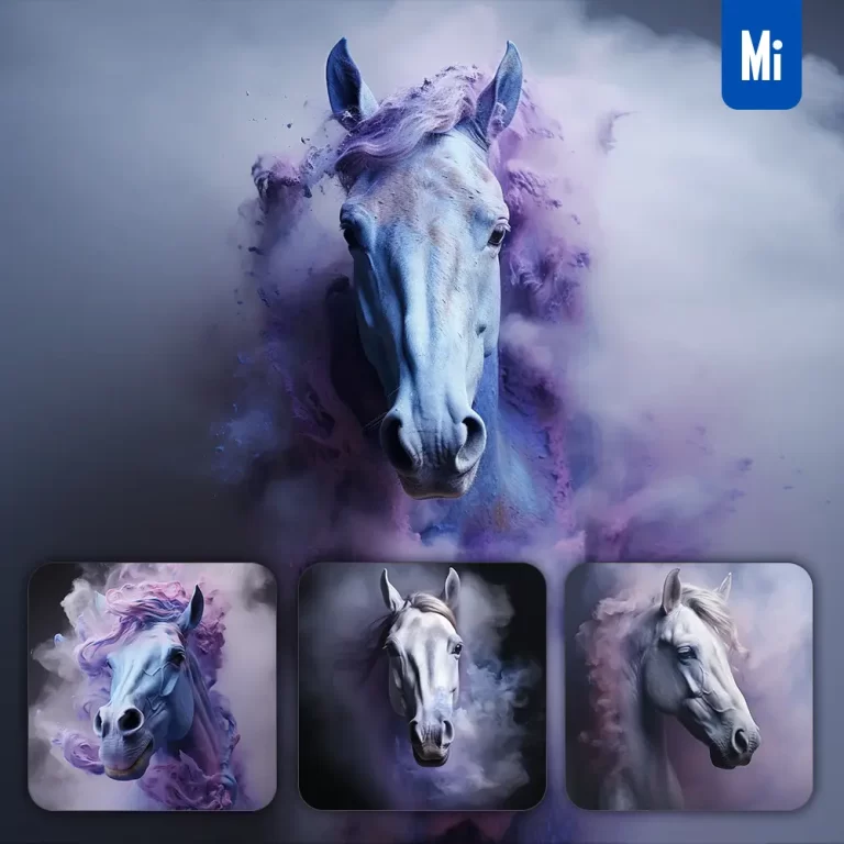 midjourney prompt horse head face violet smoke dust portrait photography