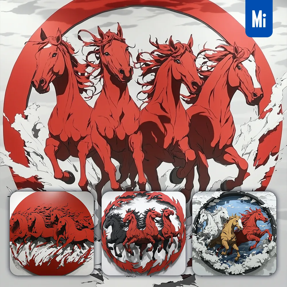 midjourney prompt horse red circle lacquer carving cartoon illustration
