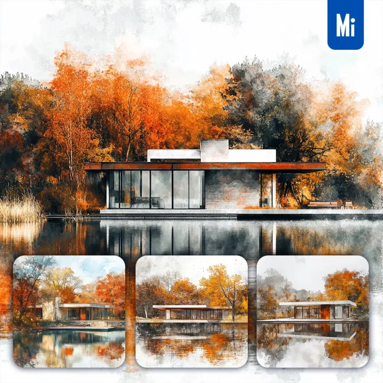 midjourney prompt house villa lake autumn painting watercolor