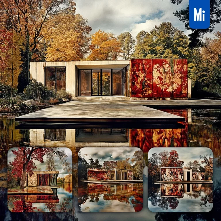 midjourney prompt house villa lake autumn photography