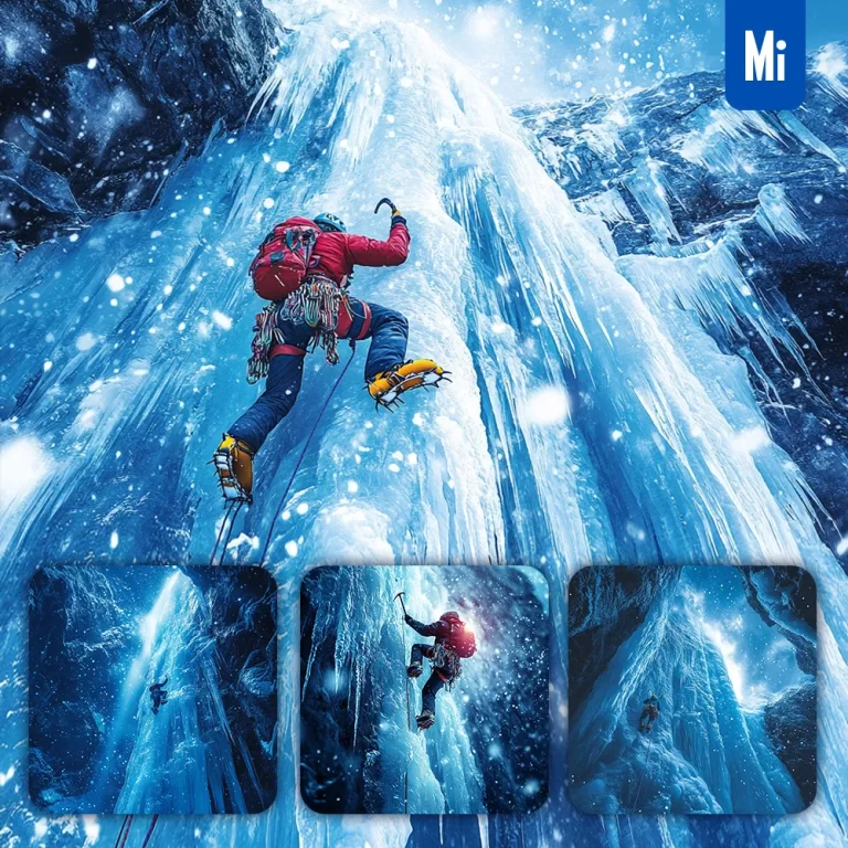midjourney prompt ice cliff icy climber frozen waterfall scale expedition photography