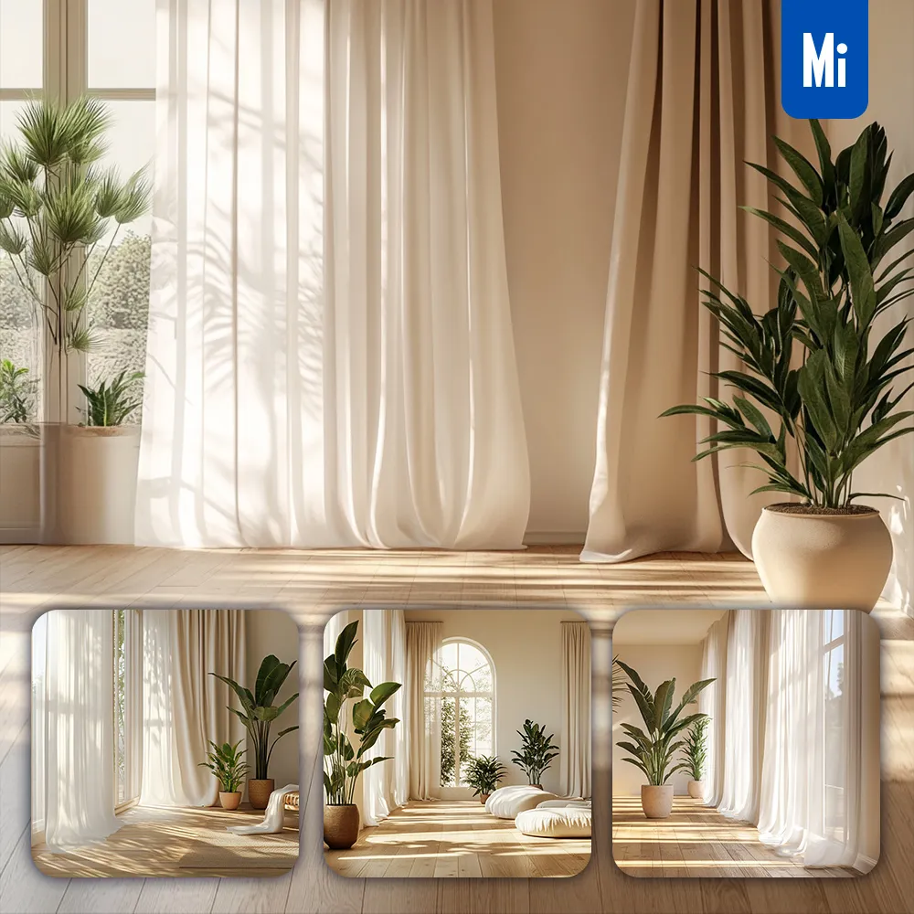midjourney prompt interior design minimalist wall plant floor sunlight light window beige curtain scene photography